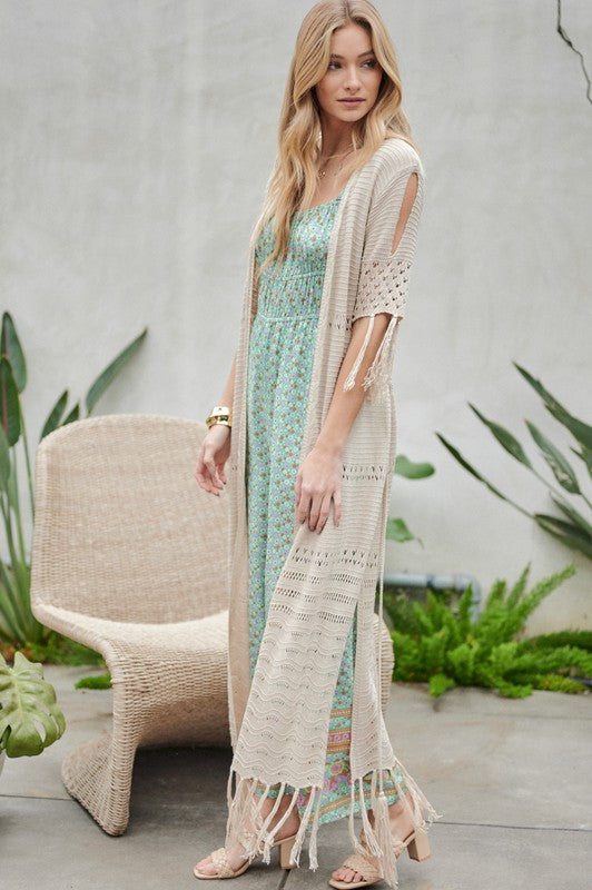 SOLID LONG CARDIGAN WITH FRINGE