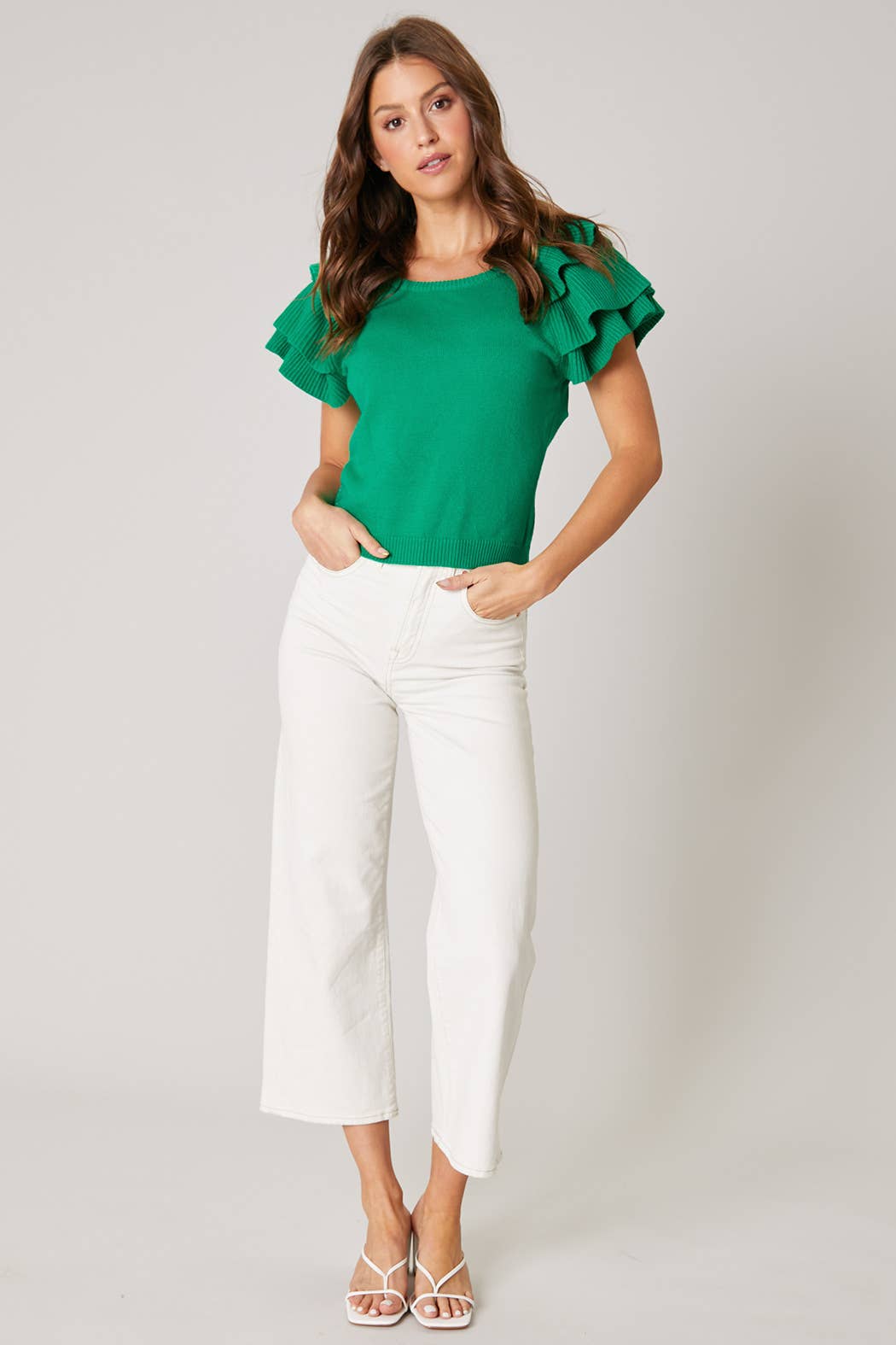 Sugarlips - Wellington Ruffle Shoulder Sweater Top: XS / White $59