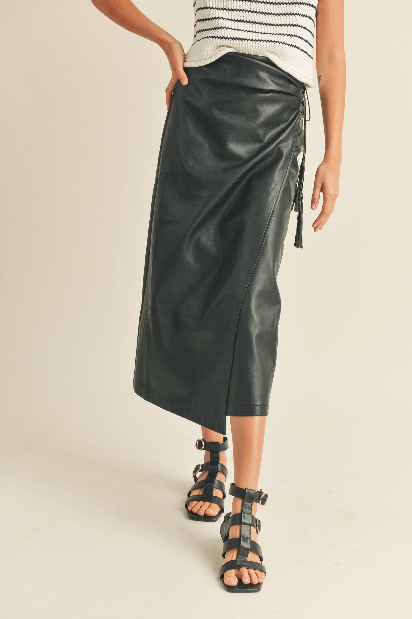 S1527   PLEATHER WRAP SKIRT: S / SAND $75.00