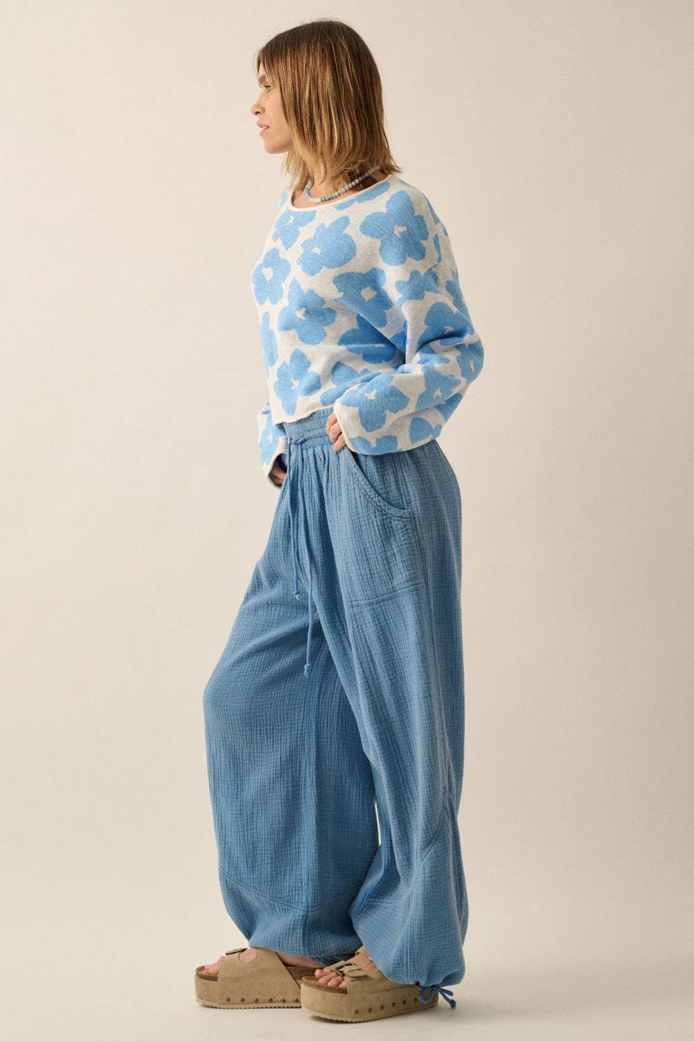 Promesa USA - Mineral Washed Crinkle Cotton Parachute Pants: Faded Blue / S $79