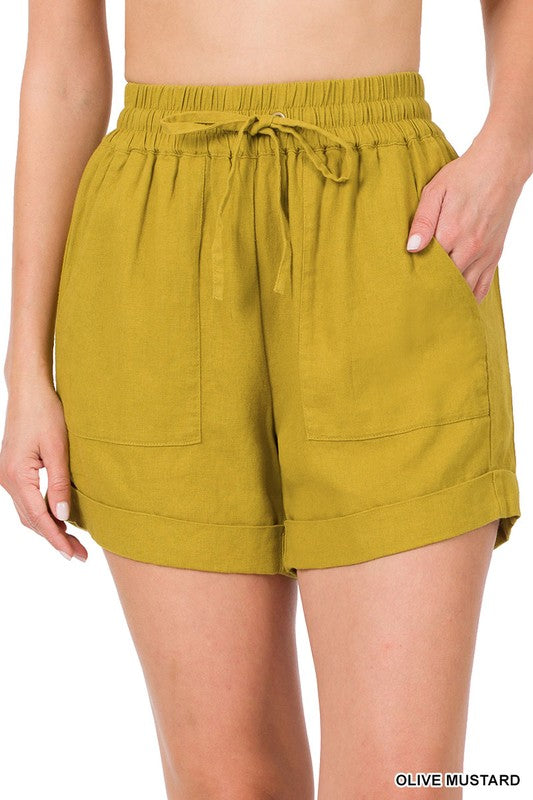 LINEN DRAWSTRING-WAIST SHORTS WITH POCKETS