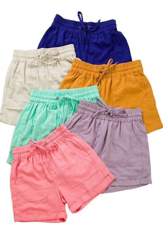 LINEN DRAWSTRING-WAIST SHORTS WITH POCKETS