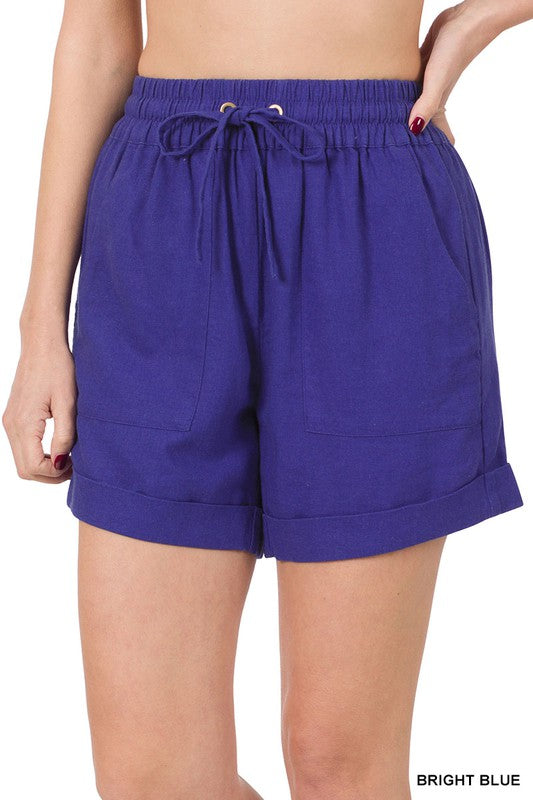 LINEN DRAWSTRING-WAIST SHORTS WITH POCKETS