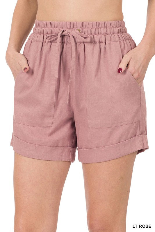 LINEN DRAWSTRING-WAIST SHORTS WITH POCKETS