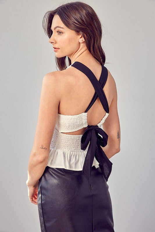 SMOCKED CRISS CROSS BACK TOP