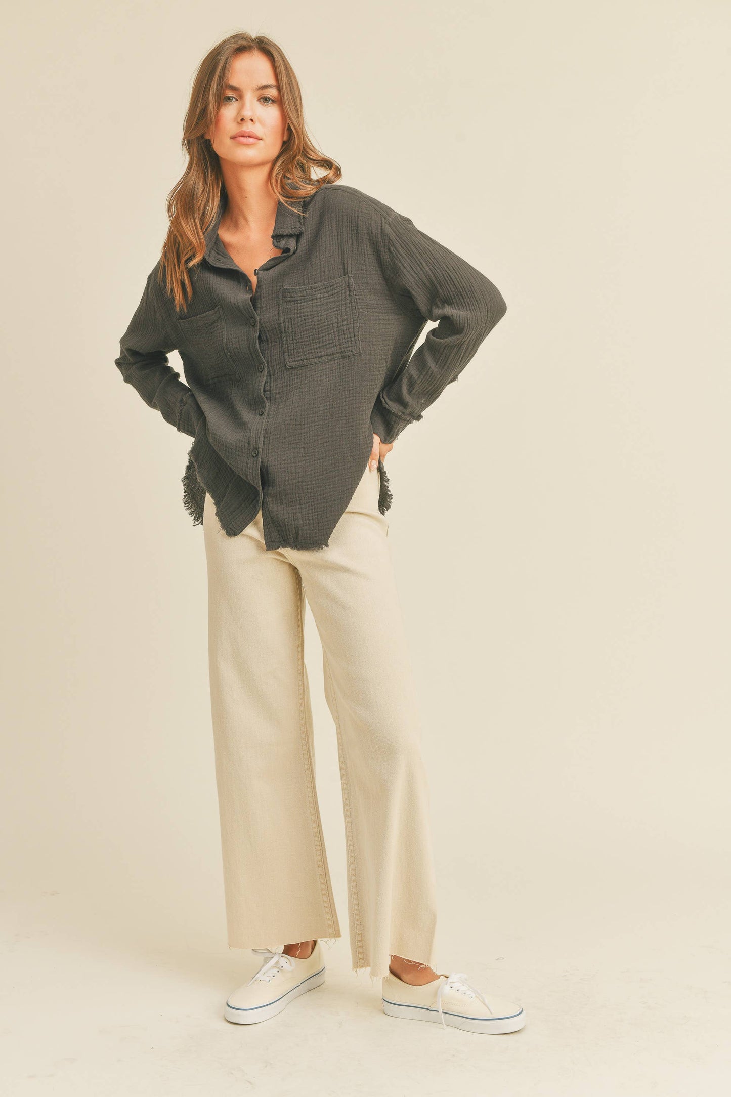 MMT320 DOULBE GAUZE BUTTON DOWN SHIRTS: L / CHARCOAL $50.00