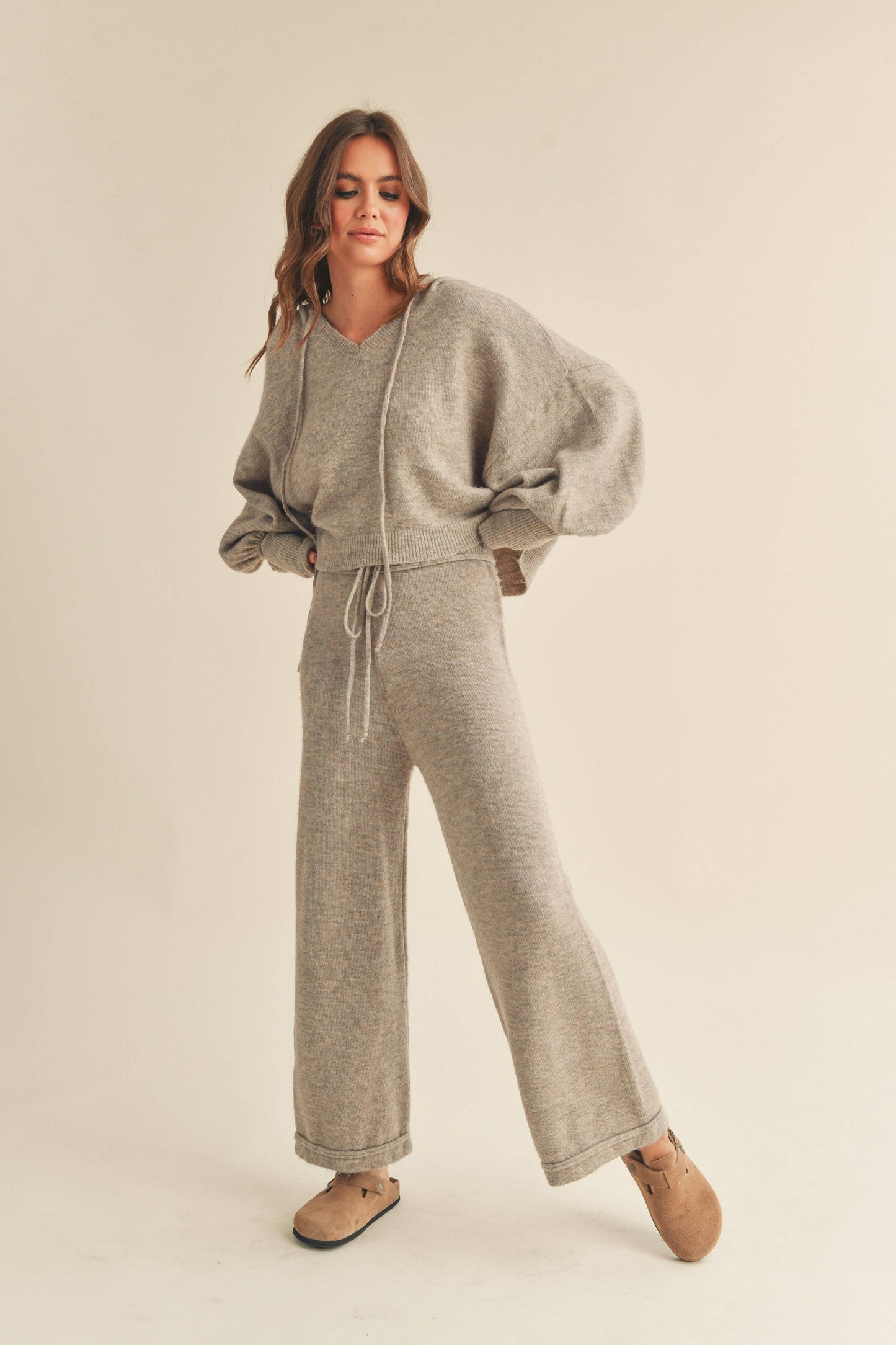 MMP1244   TWO TONE RIBBED WAIST BAND SWEATER PANTS: L / MOCHA $55.00