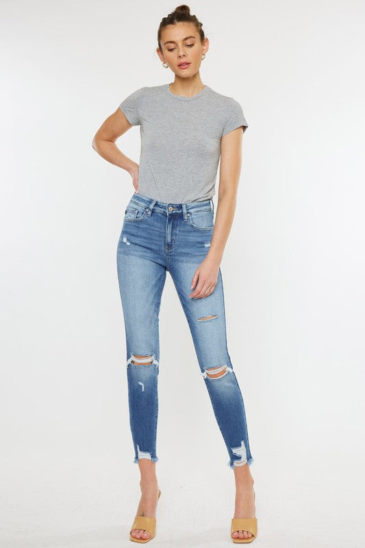 High Rise Fray Hem Ankle Skinny Jeans