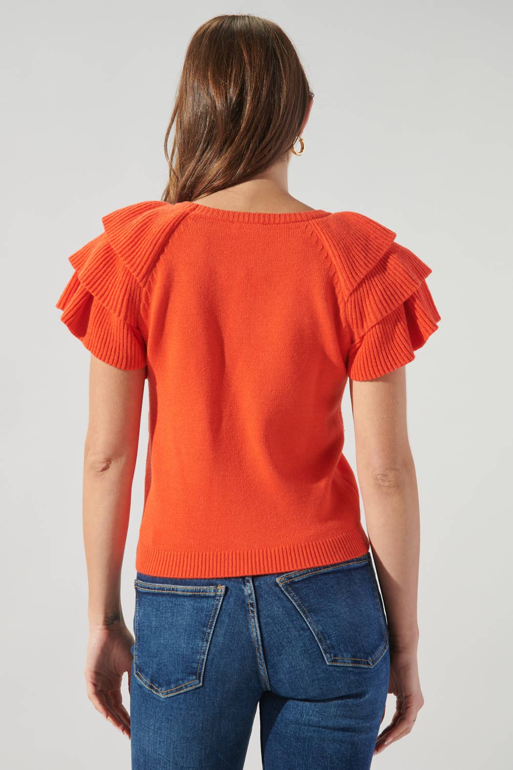 Sugarlips - Wellington Ruffle Shoulder Sweater Top: L / Flame-Orange $59