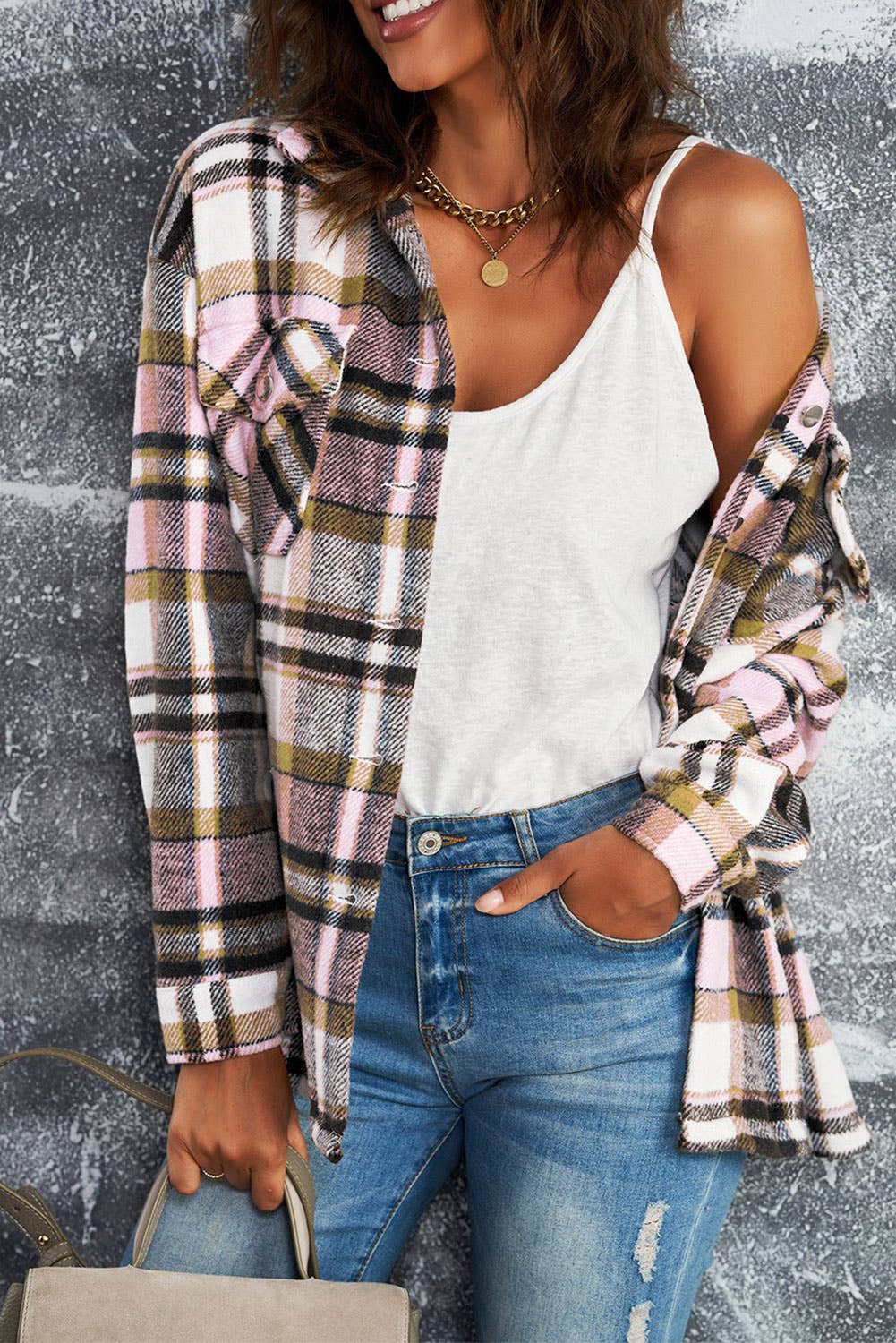 Geometric Plaid Print Pocketed Shirt: L / MULTI $65.00