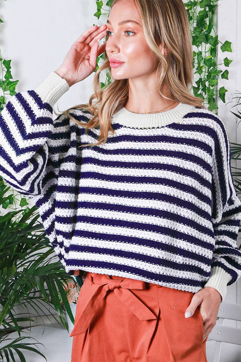 Vine & Love - Long balloon sleeve stripe crochet sweater VT81666: S / PINK $59.00
