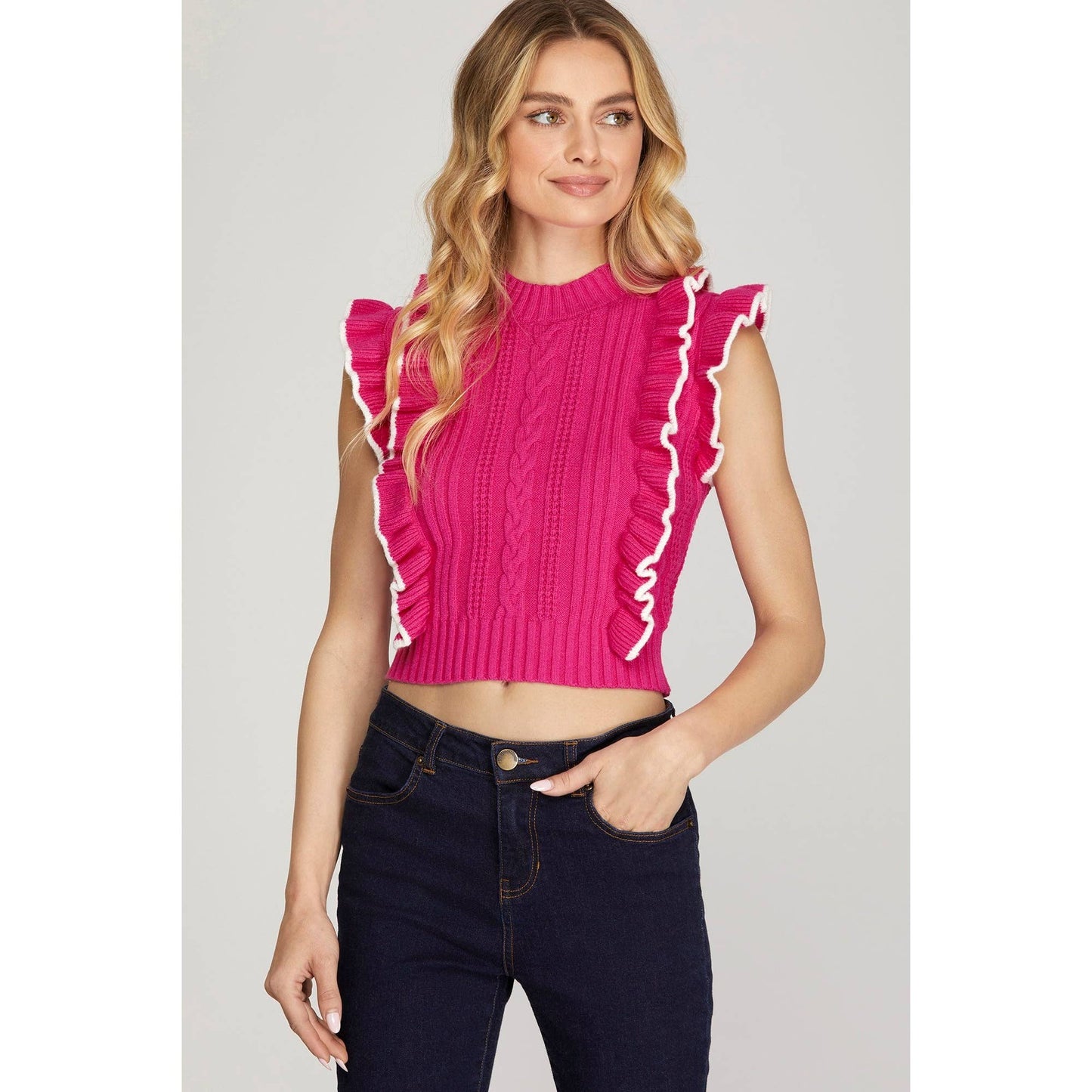 Faith Apparel - SLI4762 - RUFFLED SWEATER KNIT TOP: OFF WHITE / S $59