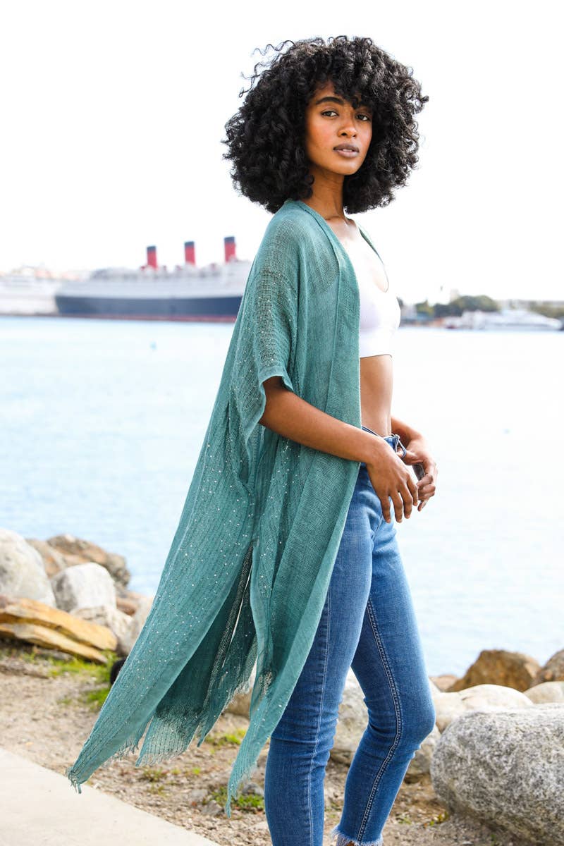 Leto Accessories - Spring Sequin Border Frayed Trim Kimono: Teal $29