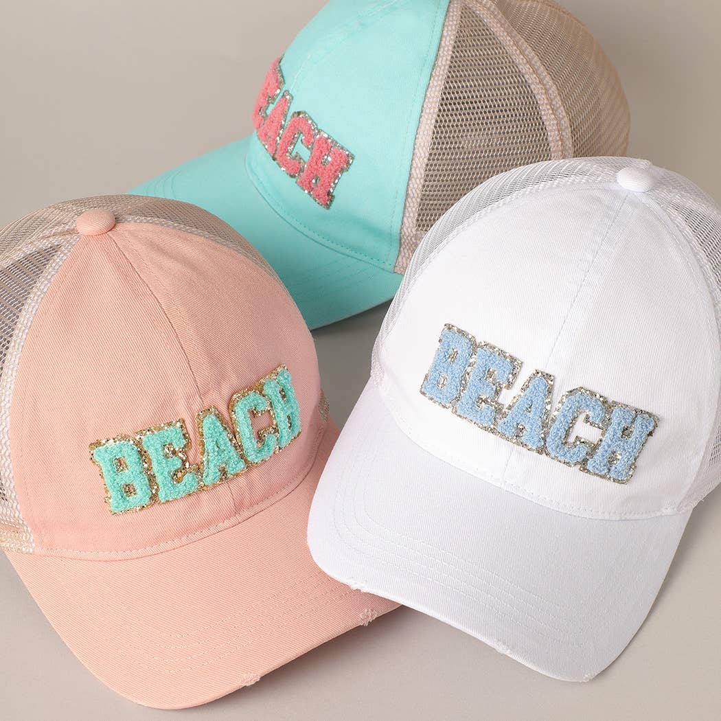 Fashion City - MINT $29BEACH Chenille Letter Patch Mesh Back Baseball Cap: One Size /