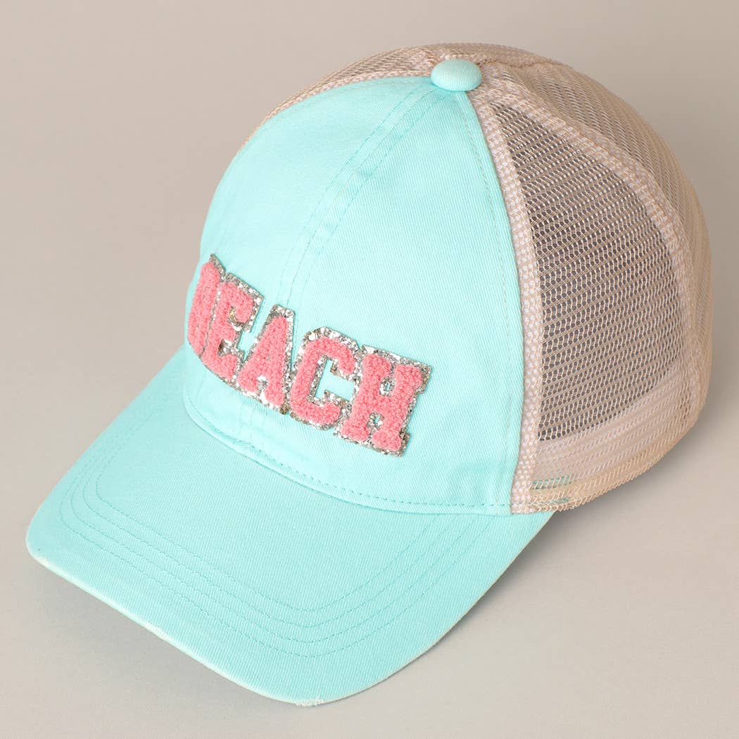 Fashion City - MINT $29BEACH Chenille Letter Patch Mesh Back Baseball Cap: One Size /