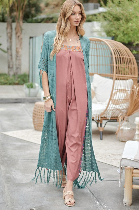 SOLID LONG CARDIGAN WITH FRINGE