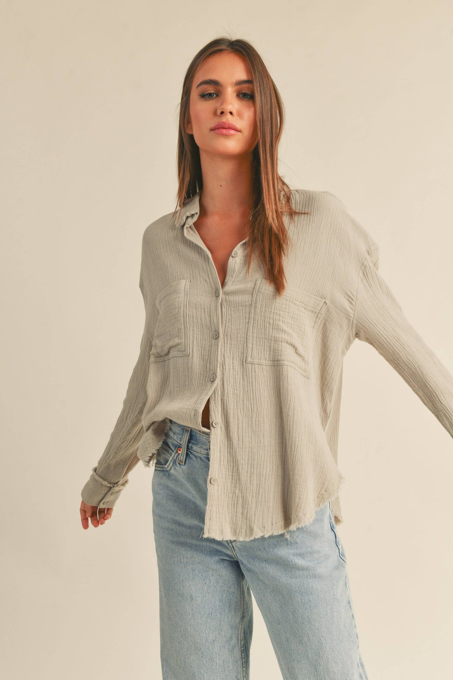 MMT320 DOULBE GAUZE BUTTON DOWN SHIRTS: M / WHITE $50.00