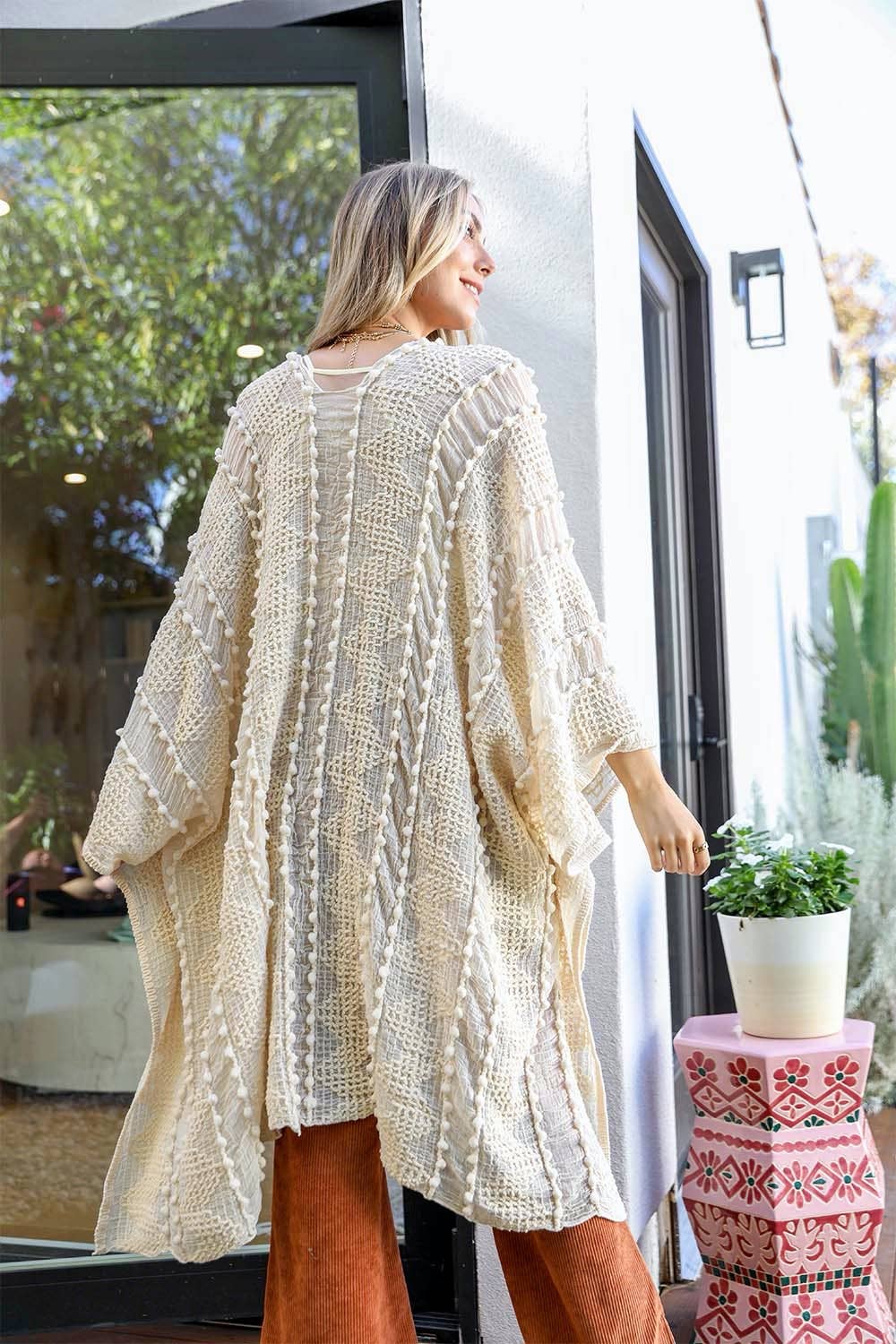 Leto Accessories - Embroidered Zig Zag Soft Kimono: Cream