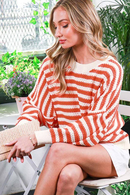Vine & Love - Long balloon sleeve stripe crochet sweater VT81666: L / PINK $59.00