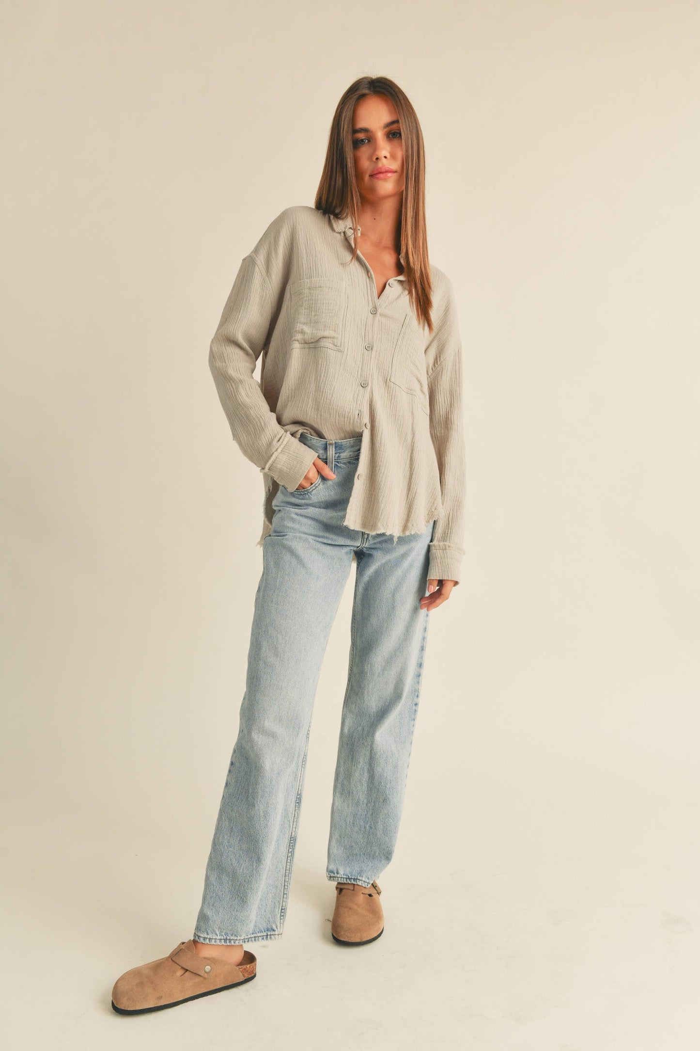 MMT320 DOULBE GAUZE BUTTON DOWN SHIRTS: M / CREAM $50.00