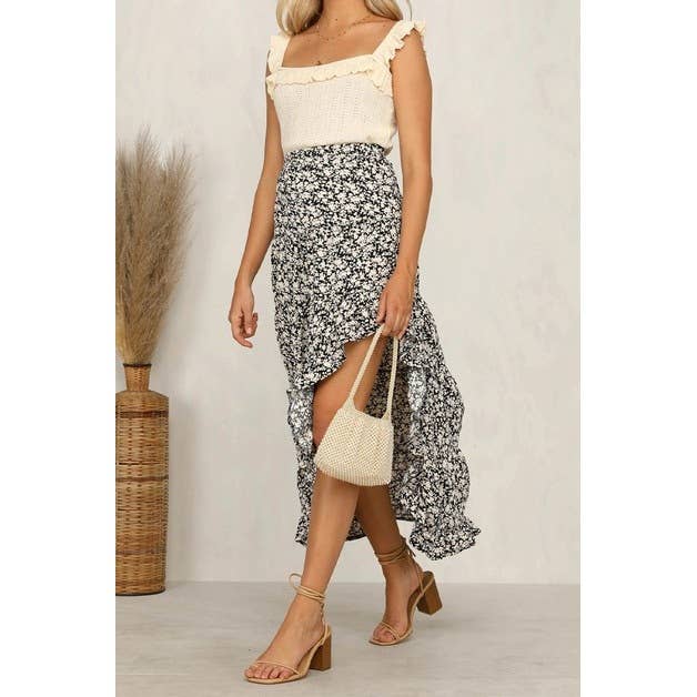 Supreme Fashion - Large $48.00 Polka Dot Ruffled Maxi Skirts: BLACK