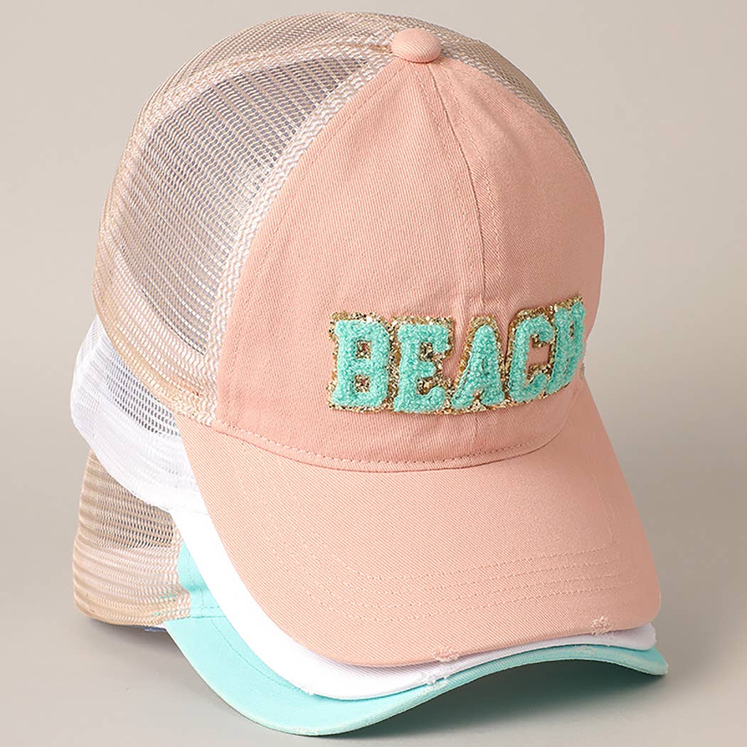 Fashion City - MINT $29BEACH Chenille Letter Patch Mesh Back Baseball Cap: One Size /