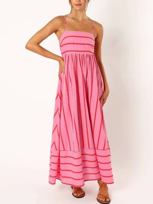 Rosa Clothing - Striped Slip Backless Dress: Apricot / L $49