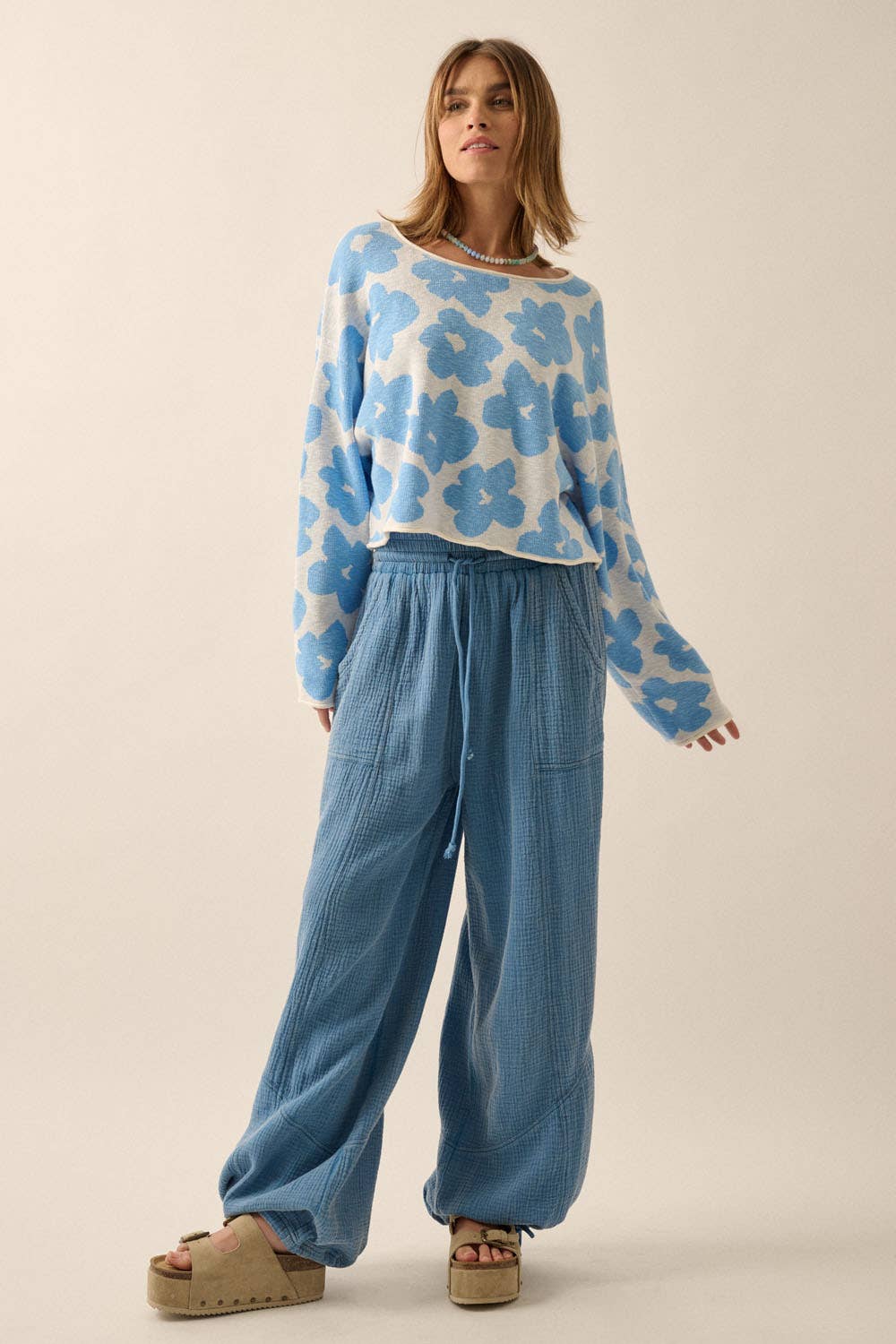 Promesa USA - Mineral Washed Crinkle Cotton Parachute Pants: Faded Blue / S $79