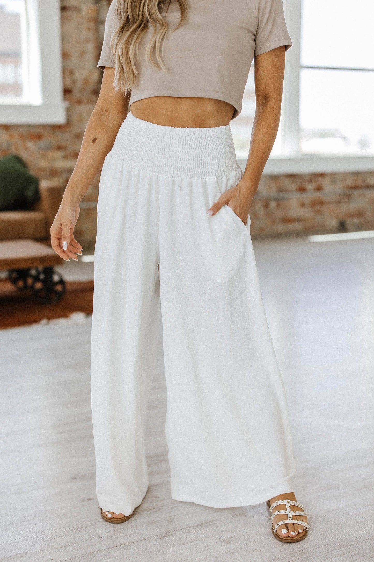 Hannah Smocked High Waisted Pants: S / Polyester / Black $48.00