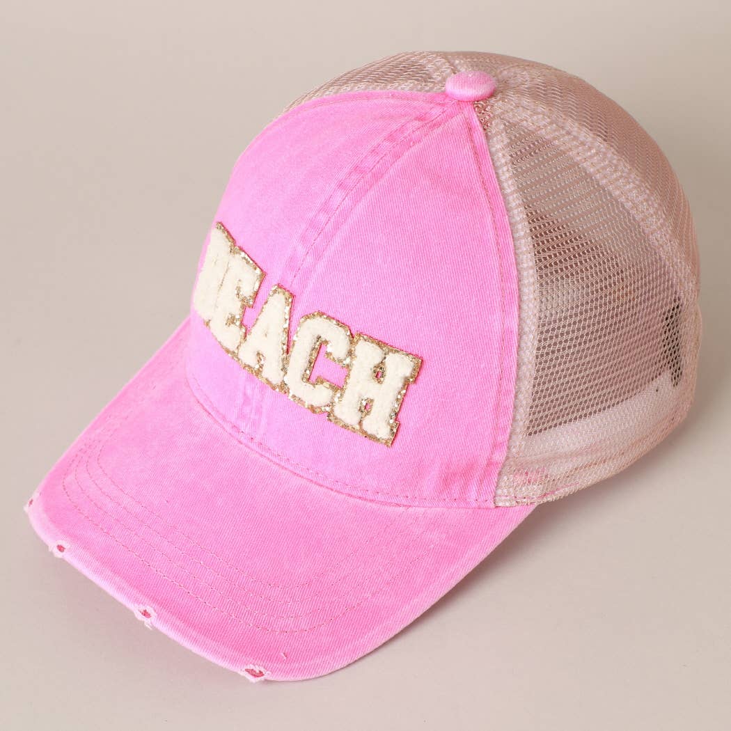 Fashion City - MINT $29BEACH Chenille Letter Patch Mesh Back Baseball Cap: One Size /