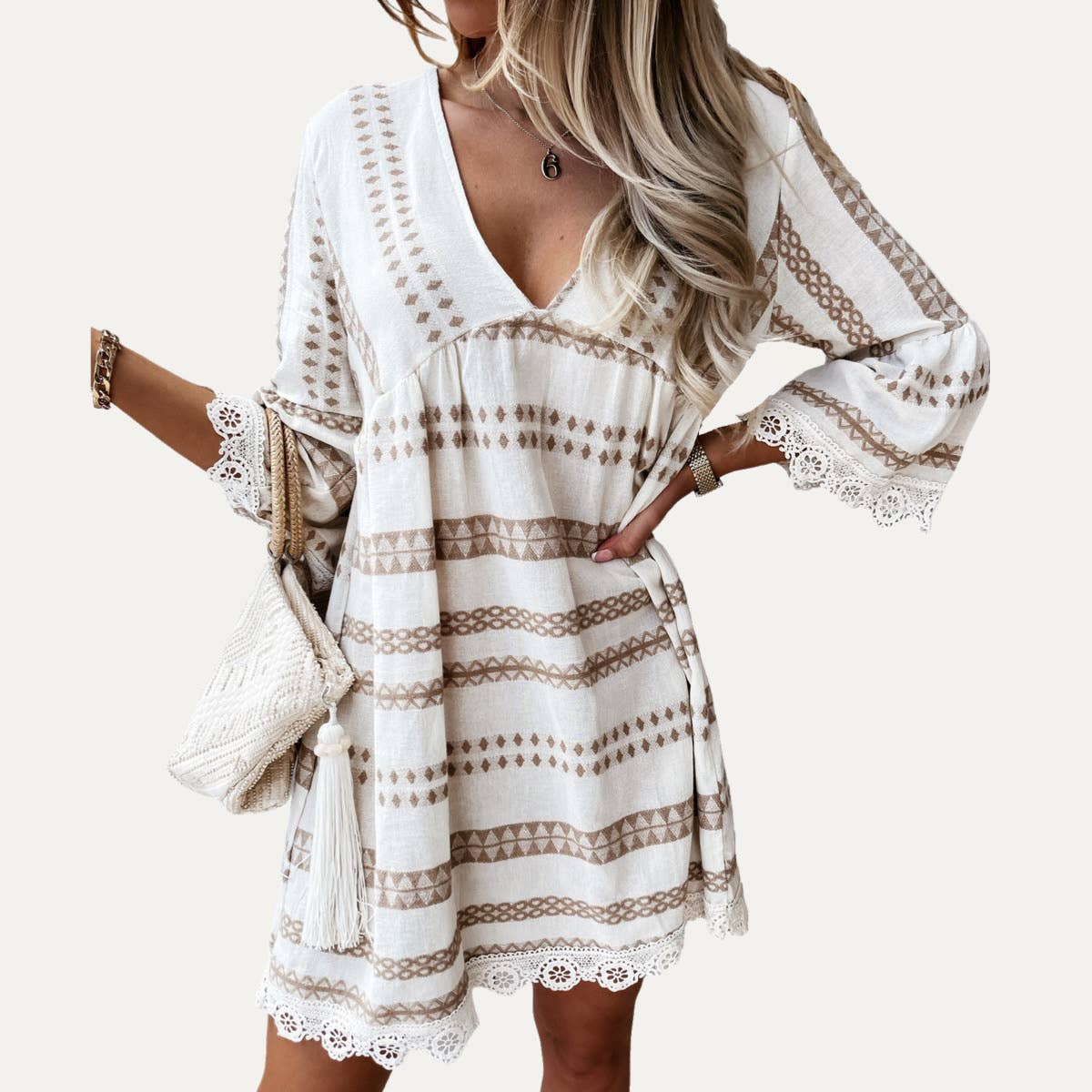 $45 The Moment Collection - Perfect Boho-Style Printed V-Neck Crochet Lace Mini Dress: COFFEE / S