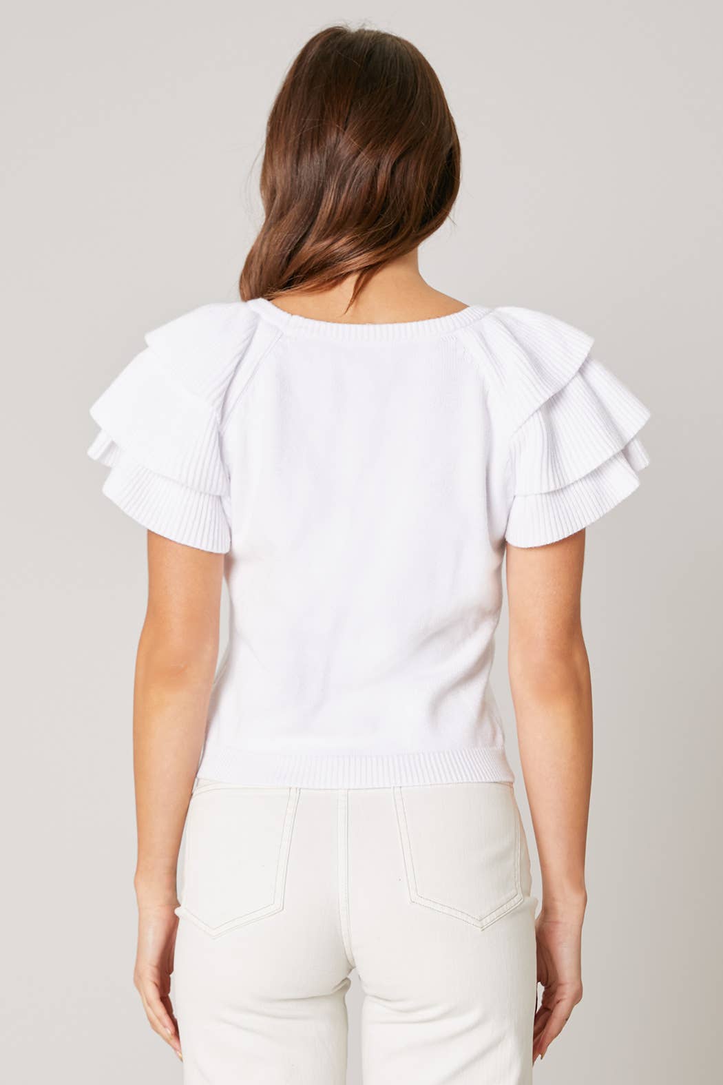 Sugarlips - Wellington Ruffle Shoulder Sweater Top: XS / White $59