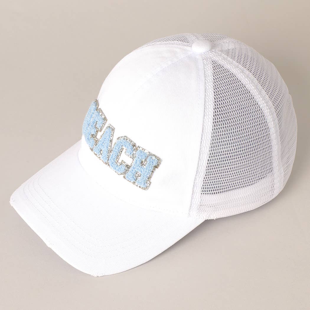 Fashion City - BEACH Chenille Letter Patch Mesh Back Baseball Cap: One Size / WHITE $29