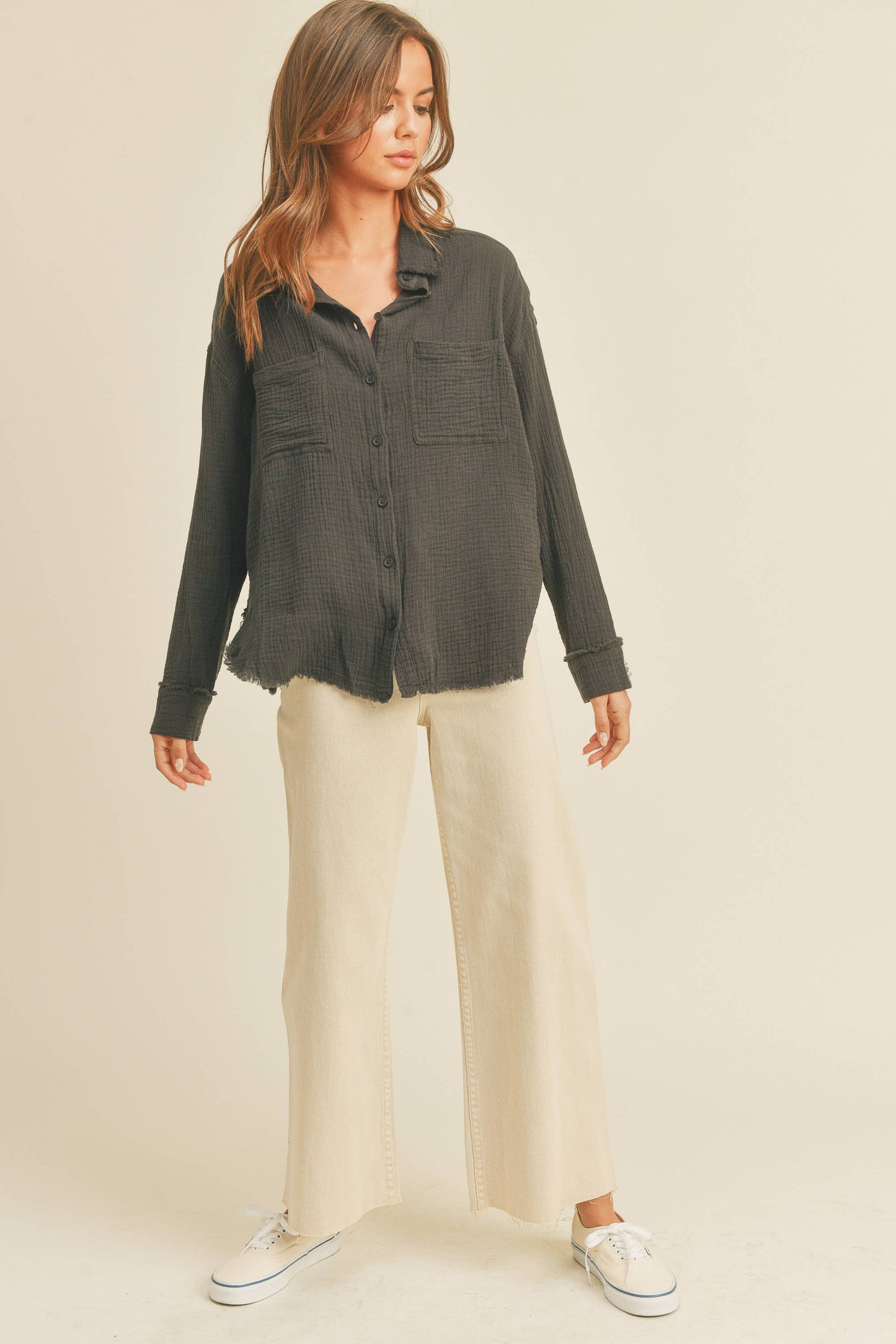 MMT320 DOULBE GAUZE BUTTON DOWN SHIRTS: M / WHITE $50.00