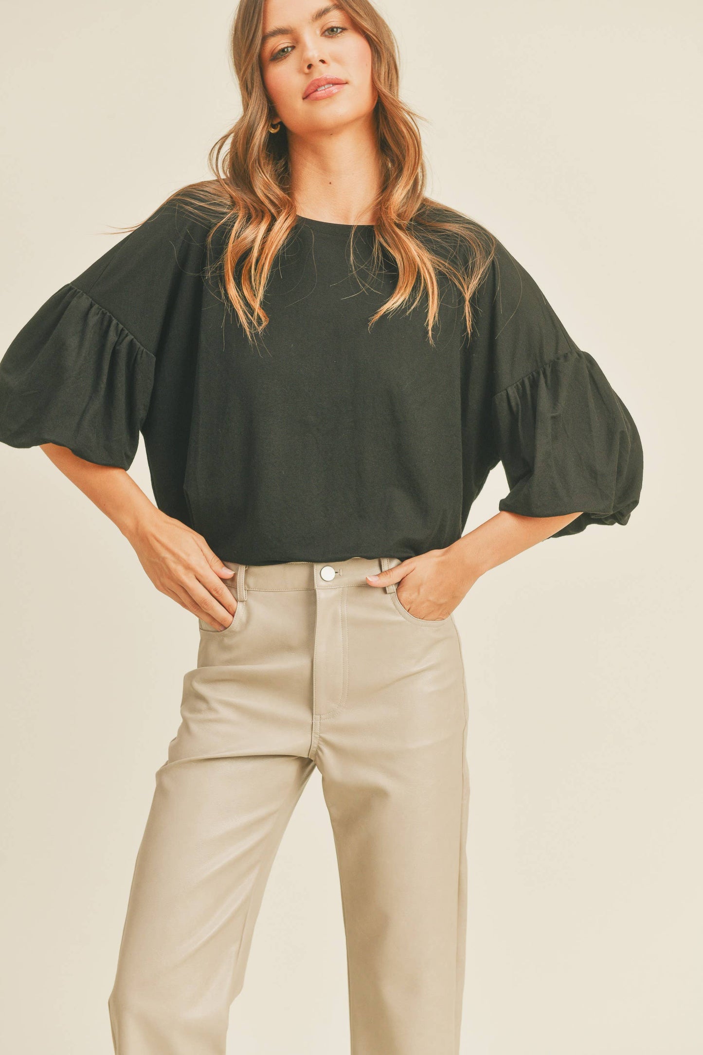 MMT1059 BUBBLE SLEEVE RAYON TOP: M / STONE $48.00