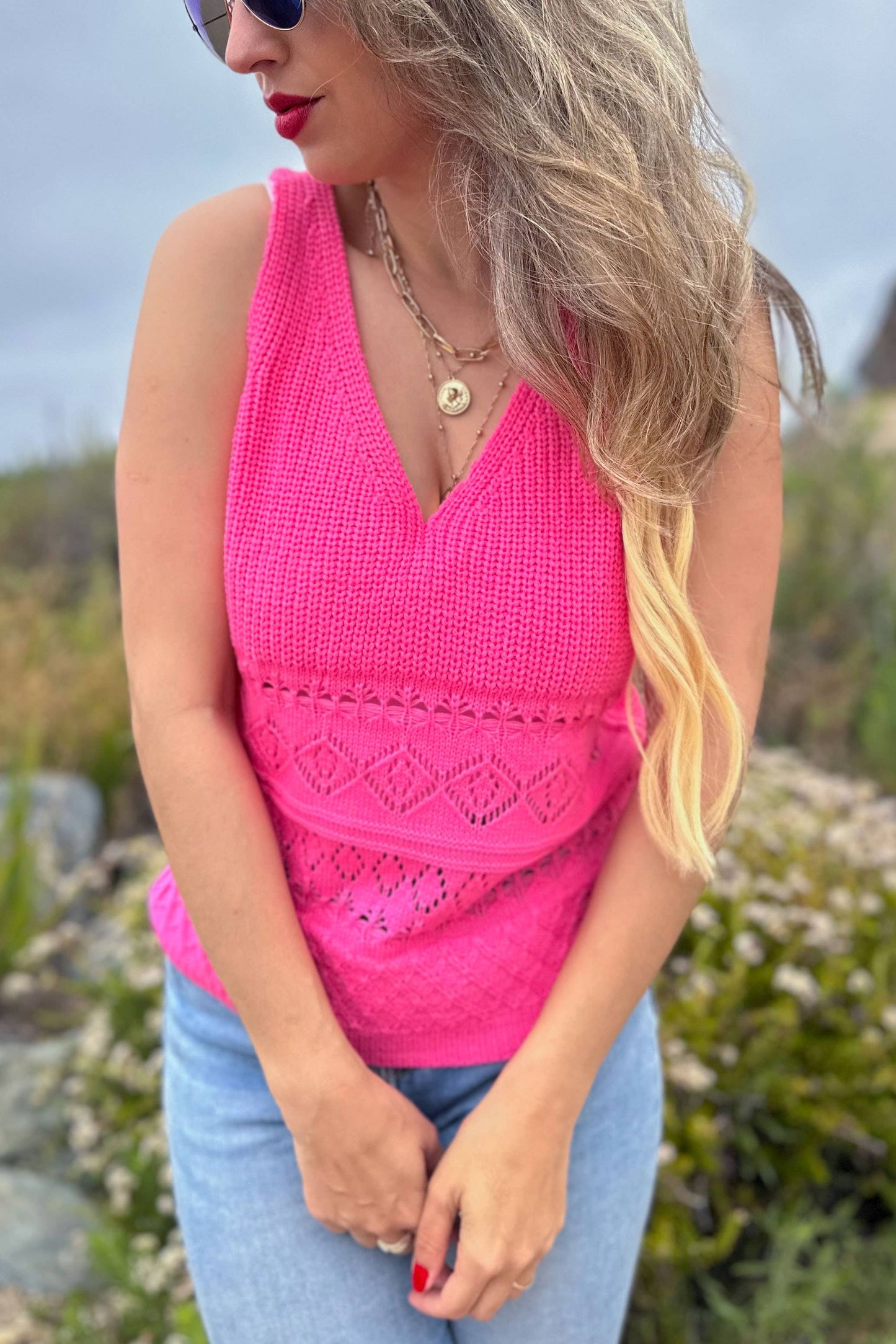 AMOLI - Neon Pink Textured Knit V Neck Sweater Tank Top: M/L / Neon Pink $45