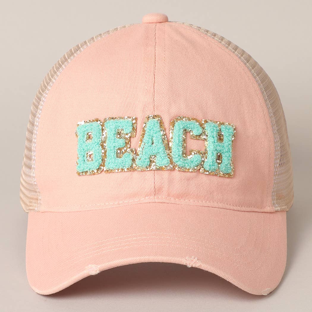 Fashion City - BEACH Chenille Letter Patch Mesh Back Baseball Cap: One Size / HOT PINK $29