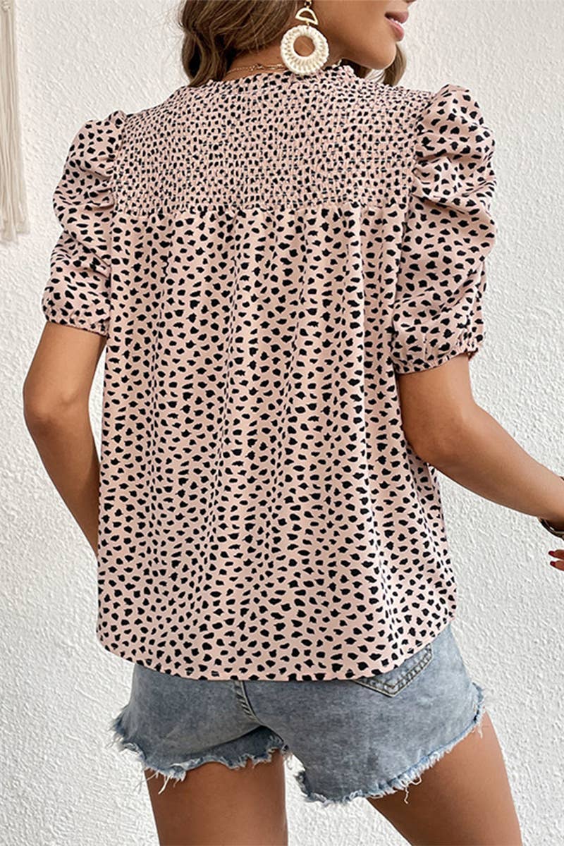 LEOPARD PRINTING SHORT PUFF SLEEVE WOMEN T SHIRT_CWTTS0575: KHAKI / (L) 1 $33.00