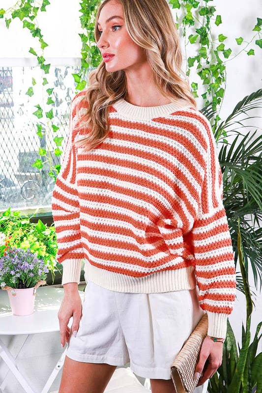 Vine & Love - Long balloon sleeve stripe crochet sweater VT81666: S / PINK $59.00