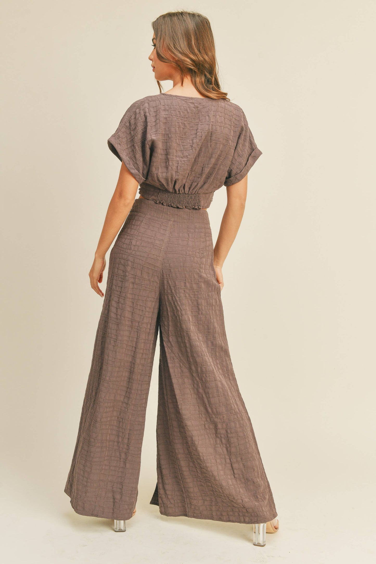 P1266 TEXTURED LINEN BLEND SLITED FRONT PANTS: COCOA / S $75.00