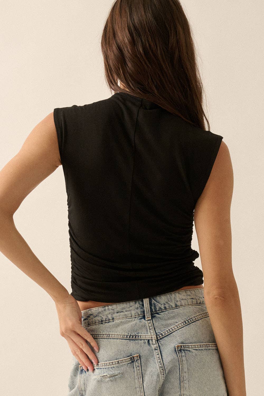 Promesa USA - Essential Trends Ruched Sleeveless Mock-Neck Top: M / Stone $45