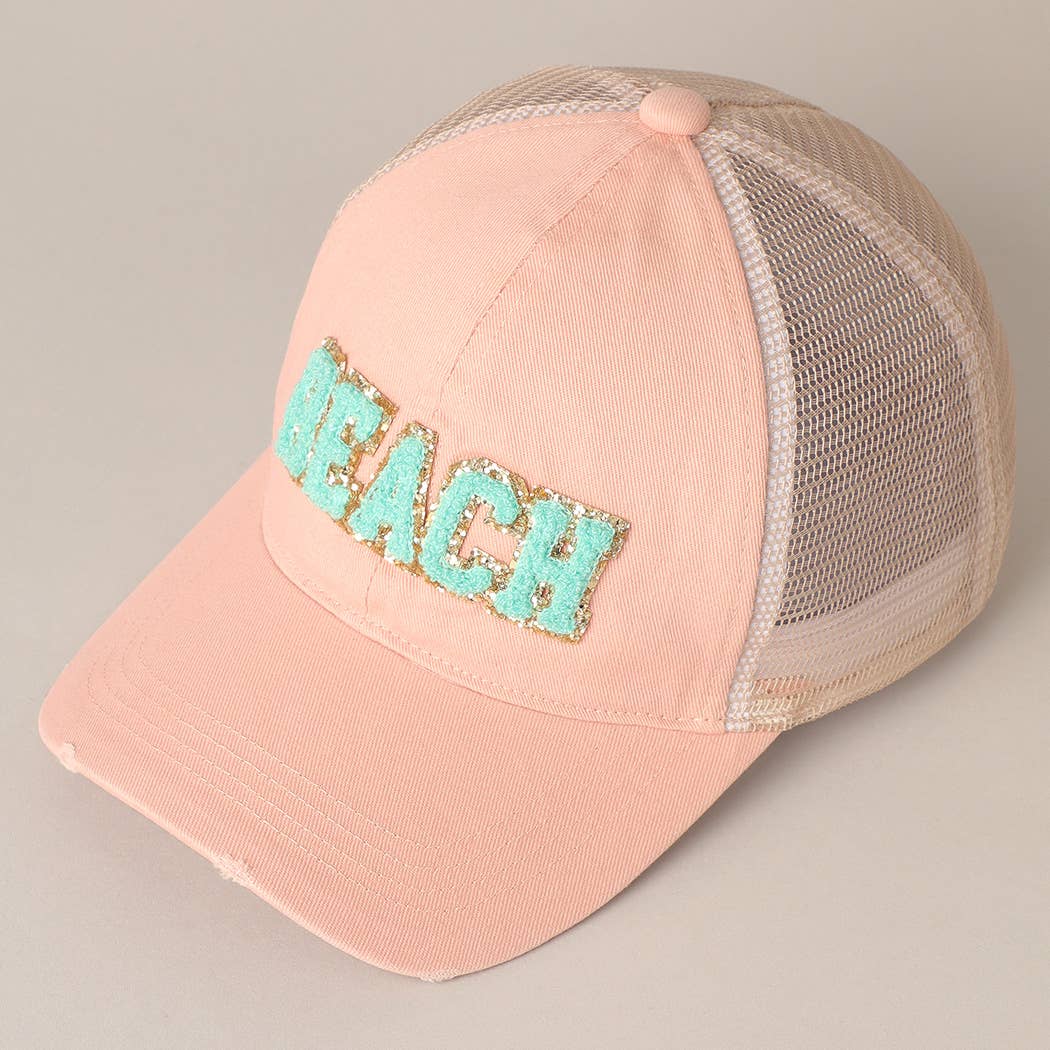 Fashion City - MINT $29BEACH Chenille Letter Patch Mesh Back Baseball Cap: One Size /