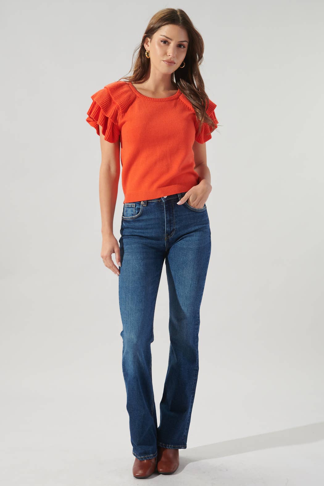 Sugarlips - Wellington Ruffle Shoulder Sweater Top: L / Flame-Orange $59