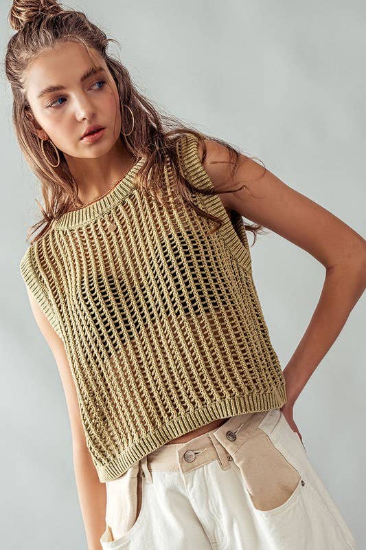 Urban Daizy - MINERAL WASH HOLLOW OUT CROCHET TOP: OLIVE / S-3/M-2/-L-1