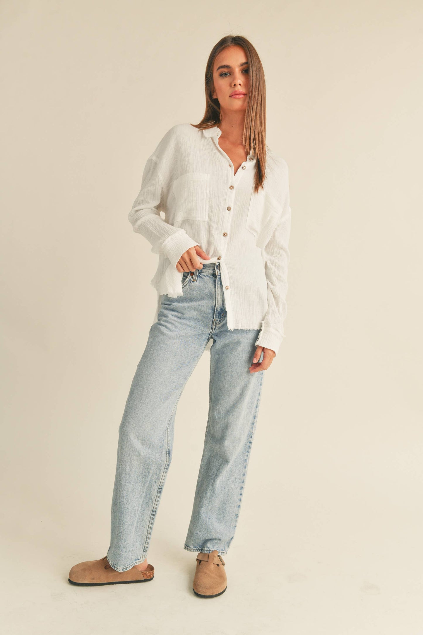 MMT320 DOULBE GAUZE BUTTON DOWN SHIRTS: M / WHITE $50.00