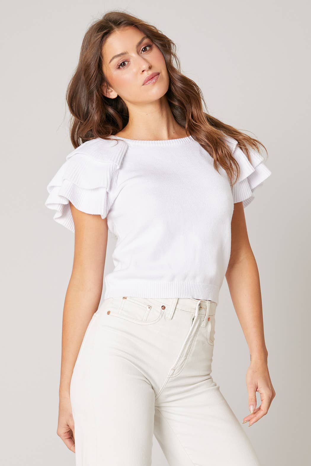 Sugarlips - Wellington Ruffle Shoulder Sweater Top: XS / White $59