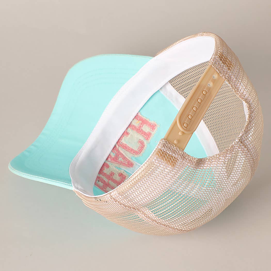 Fashion City - MINT $29BEACH Chenille Letter Patch Mesh Back Baseball Cap: One Size /