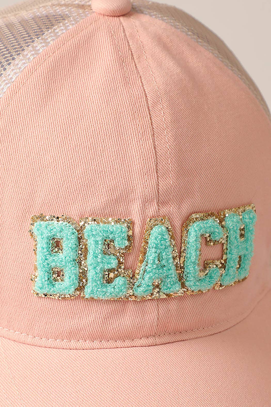 Fashion City - MINT $29BEACH Chenille Letter Patch Mesh Back Baseball Cap: One Size /