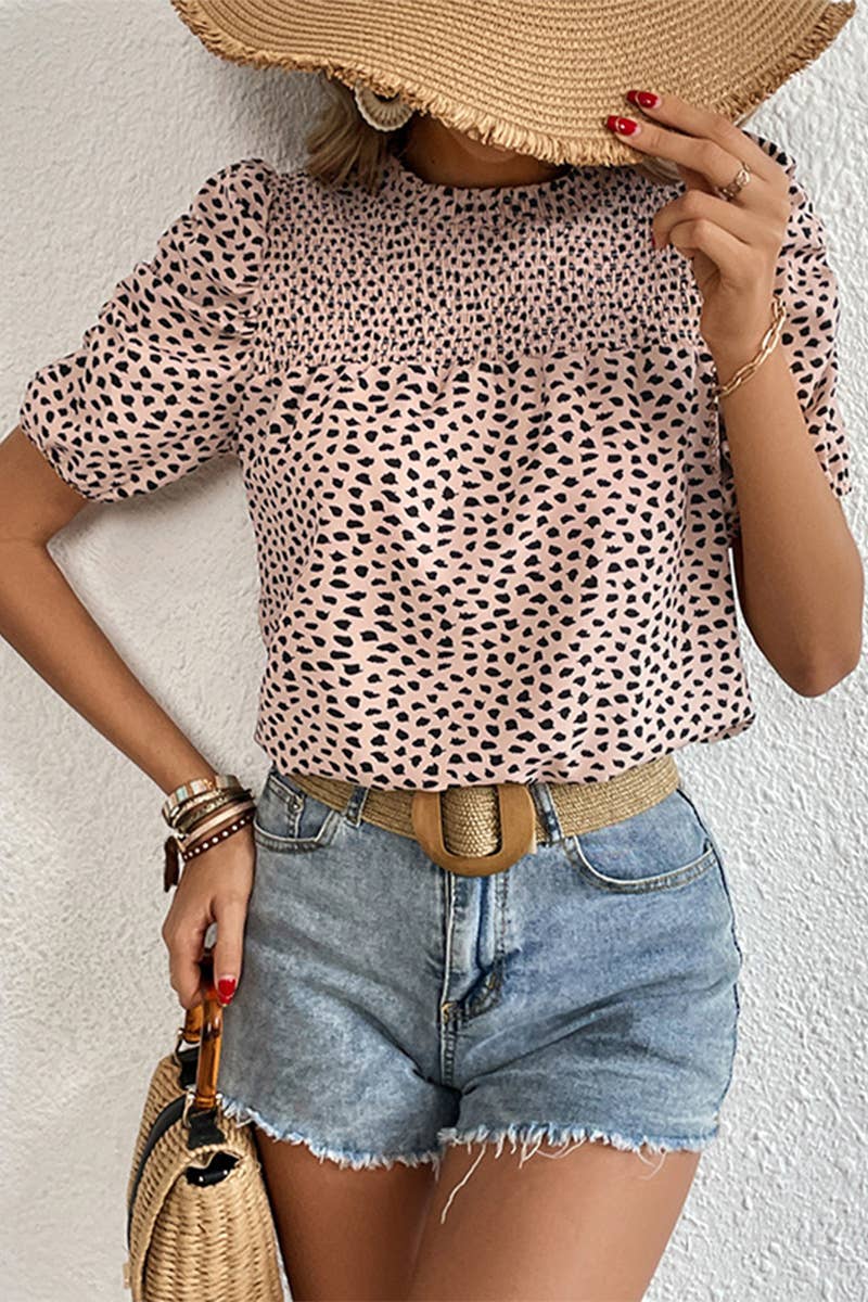 LEOPARD PRINTING SHORT PUFF SLEEVE WOMEN T SHIRT_CWTTS0575: KHAKI / (L) 1 $33.00