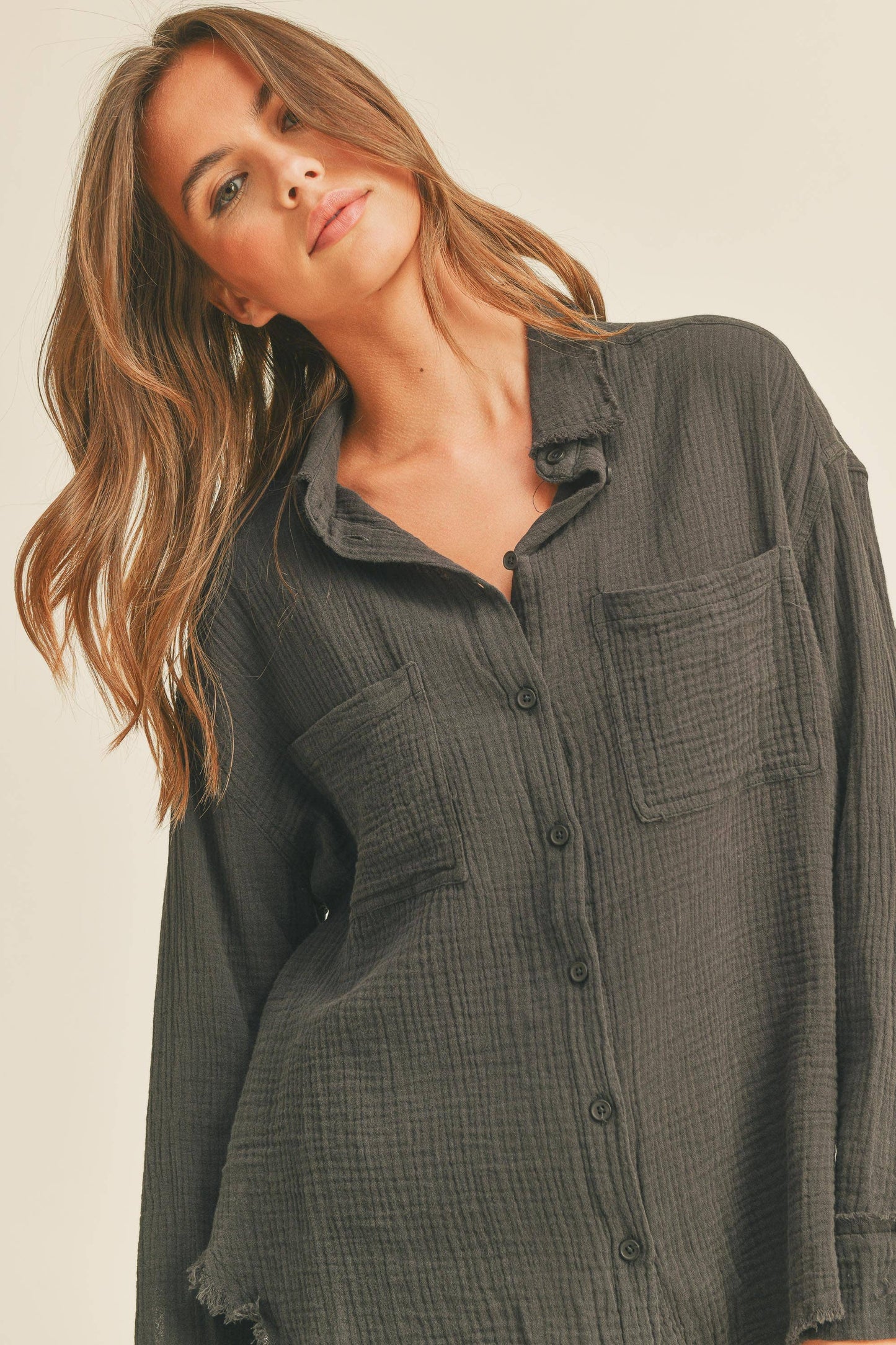 MMT320 DOULBE GAUZE BUTTON DOWN SHIRTS: M / WHITE $50.00